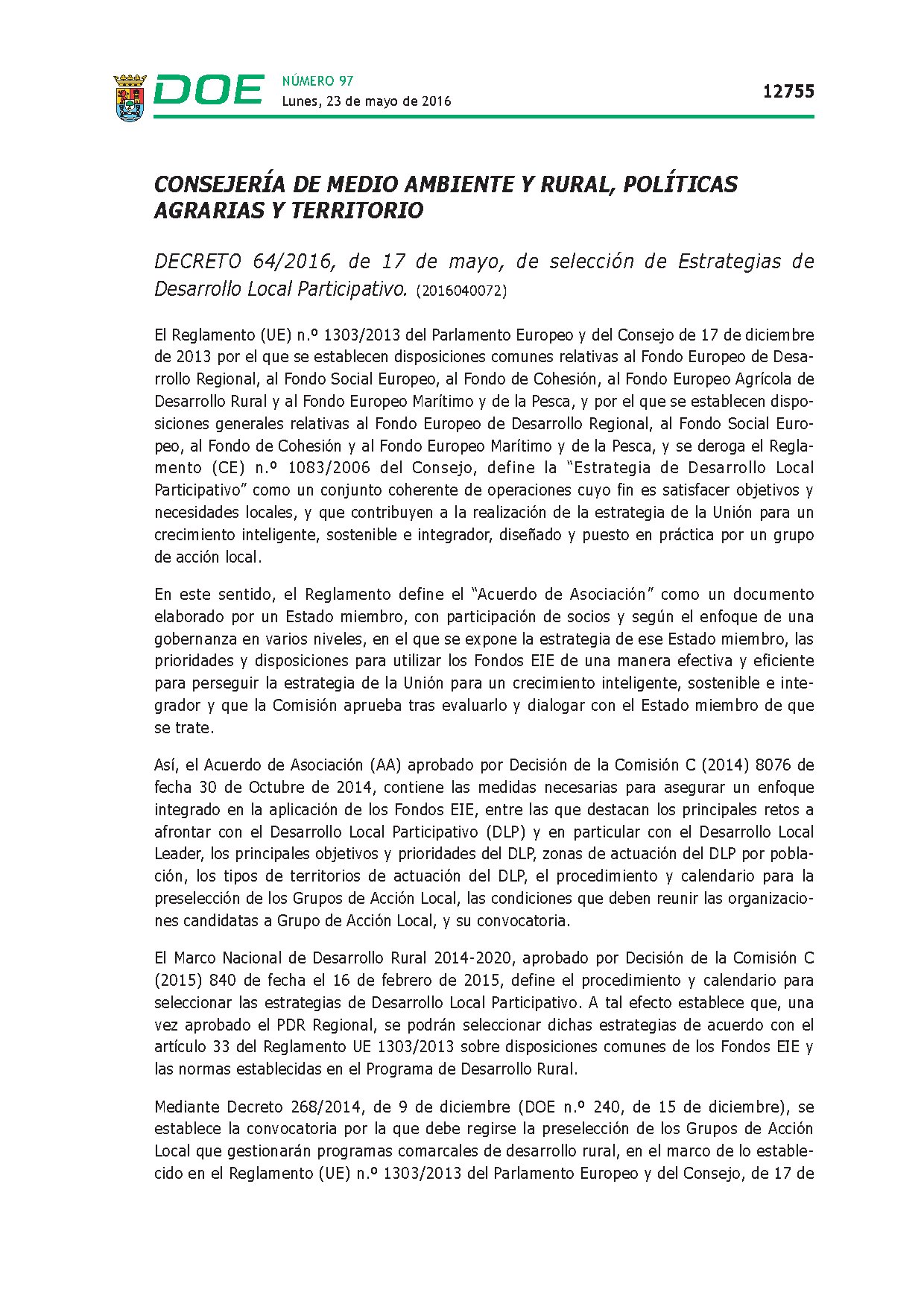 Decreto 64/2016 de selección estrategias DLP 2014-2020
