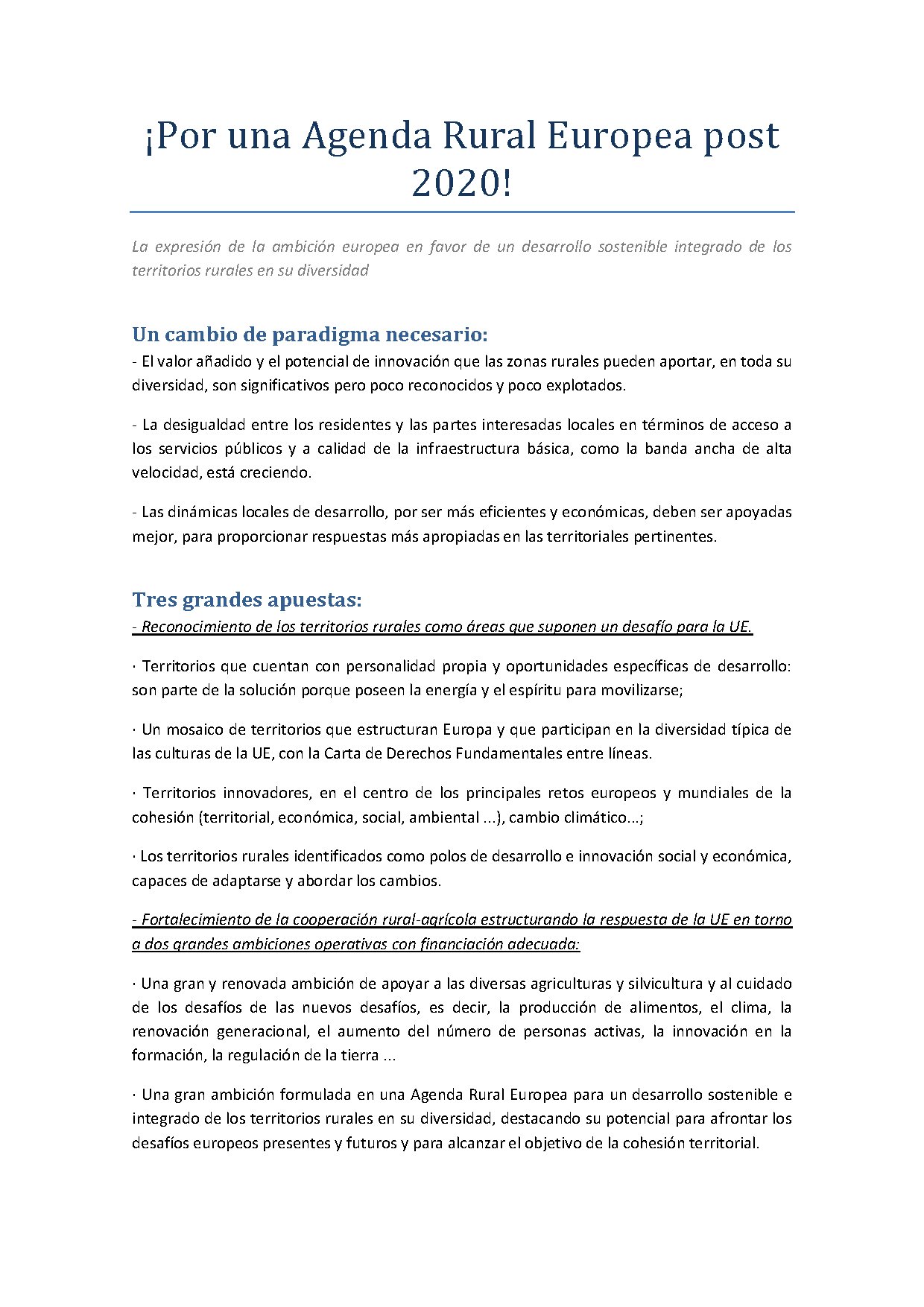 Por una Agenda Rural Europea post 2020