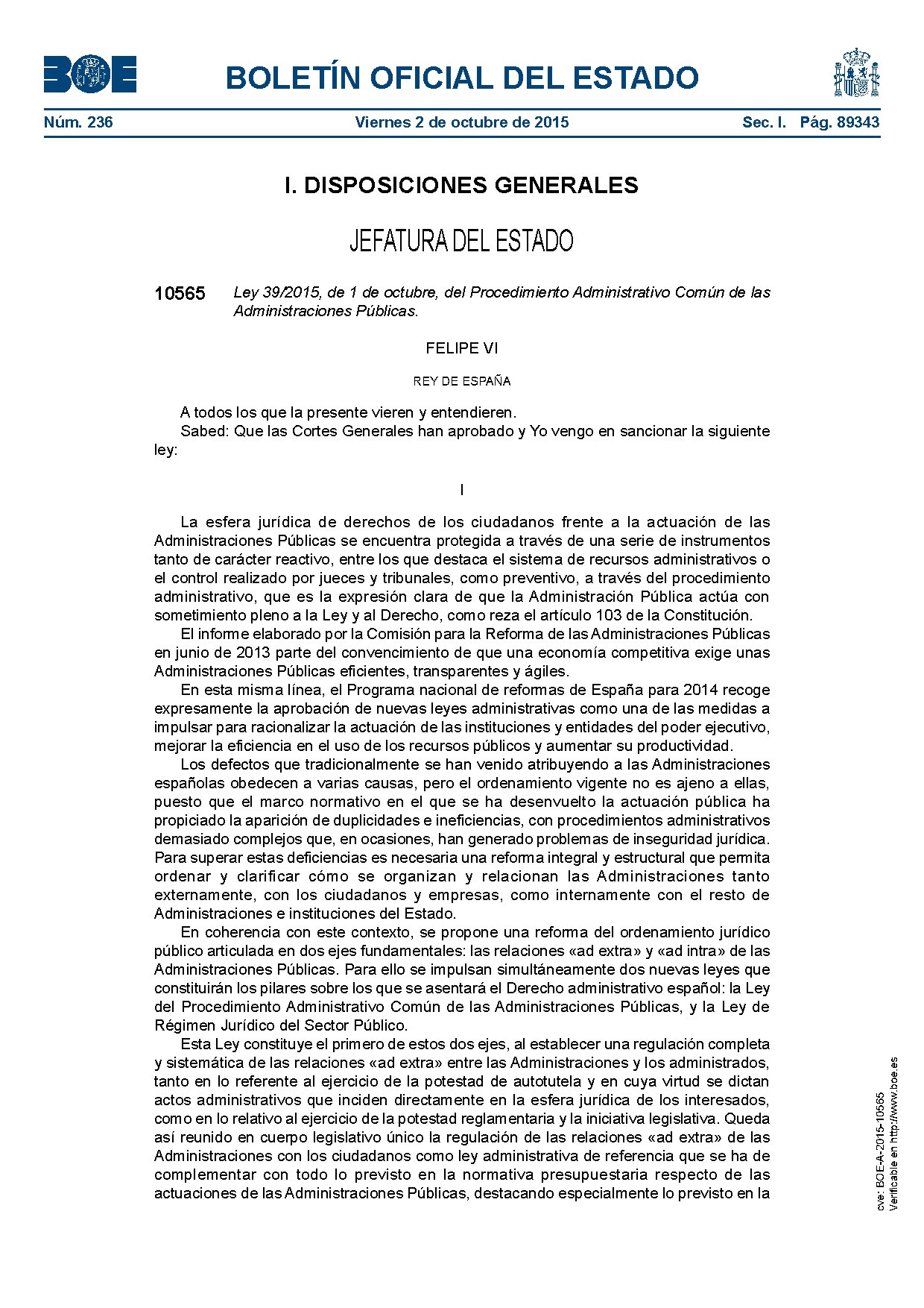 Ley 39/2015, de 1 de octubre, del Procedimiento Administrativo Común de las Administraciones Públicas