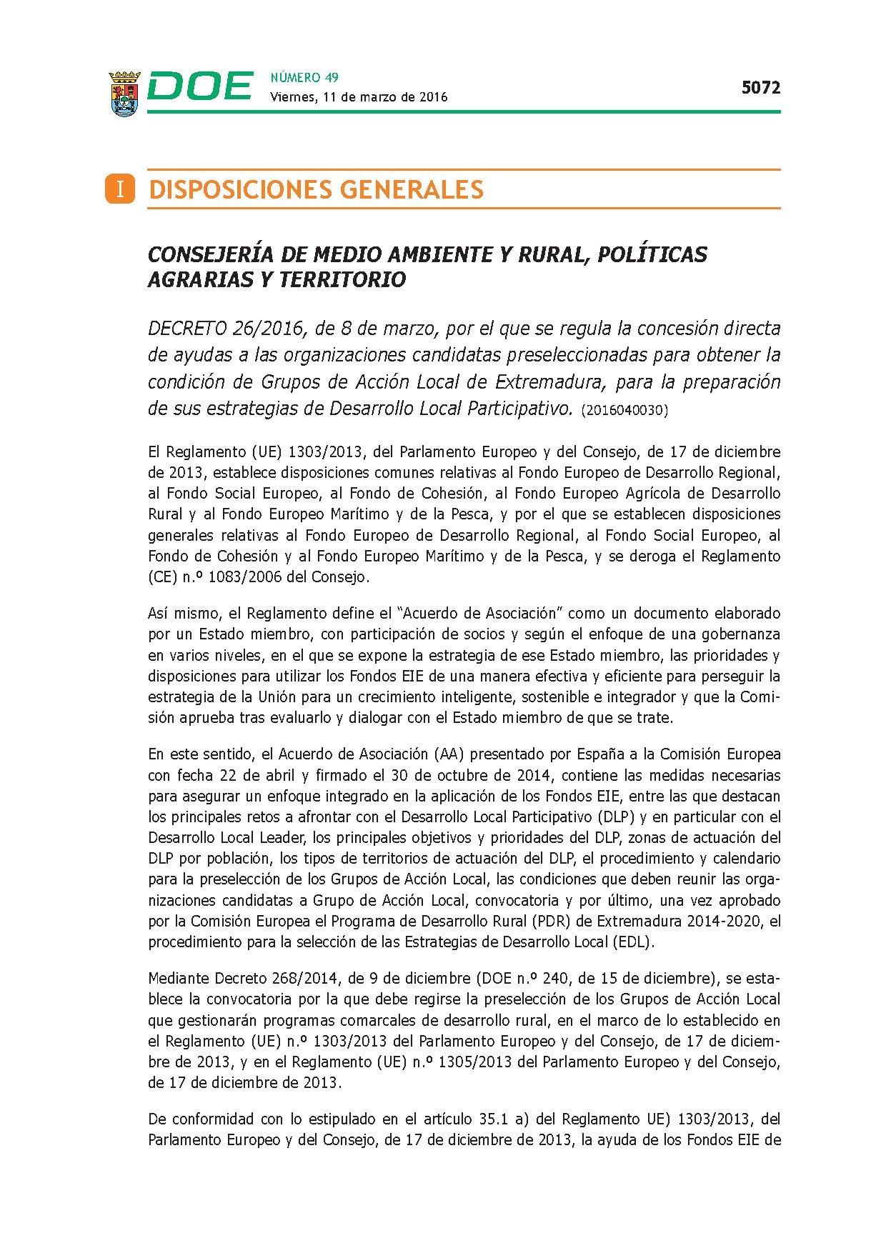 Decreto 26/2016 de ayudas a los Grupos de Acción Local de Extremadura para la preparación estrategias DLP.