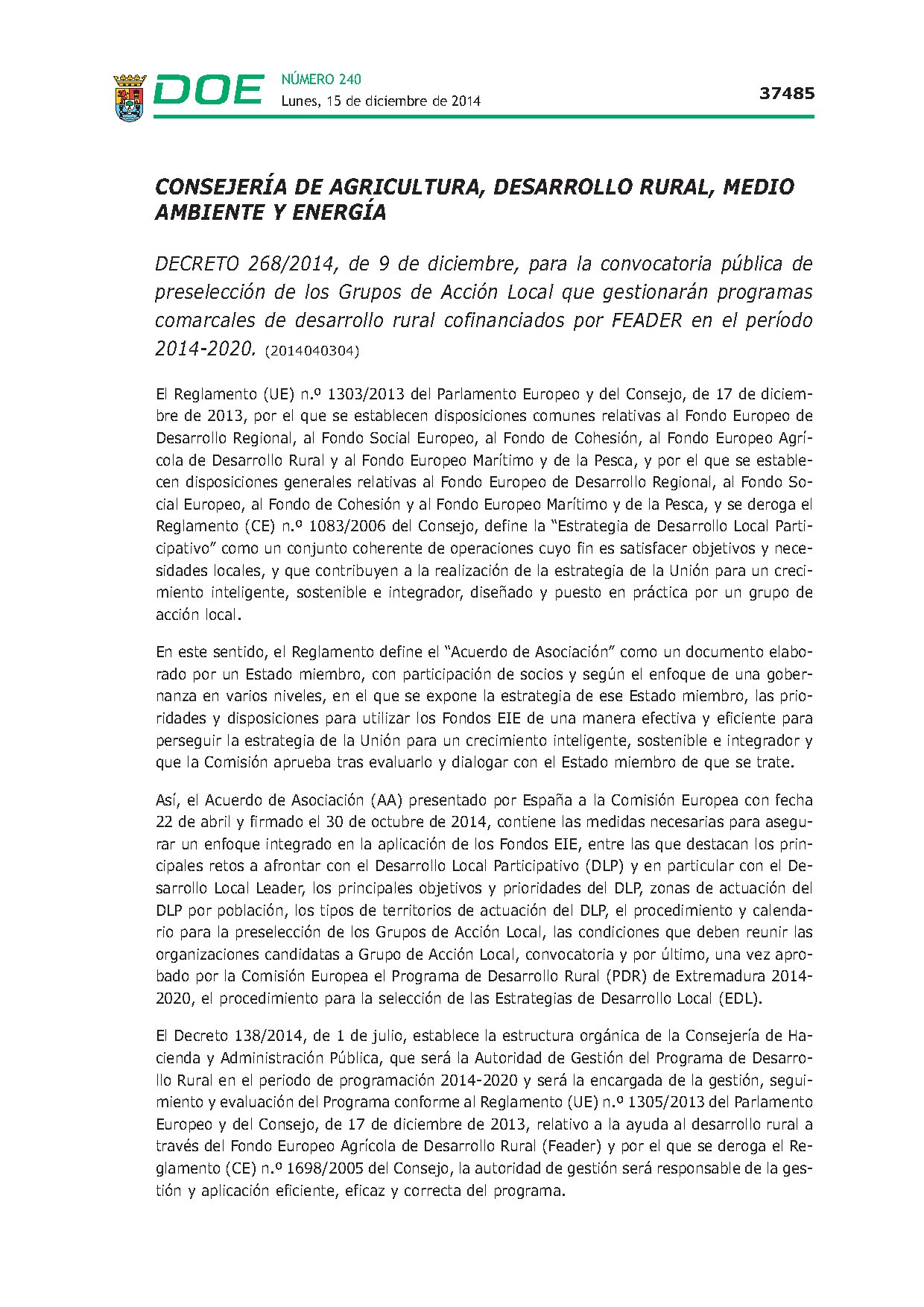 Decreto 268/2014 preselección grupos de acción local 2014-2020